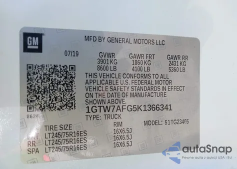 2019 GMC Savana 2500 Work Van z USA, uszkodzony, nr VIN 1GTW7AFG5K1366341